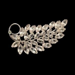 Vintage Clear Rhinestone Sterling Silver Leaf Brooch